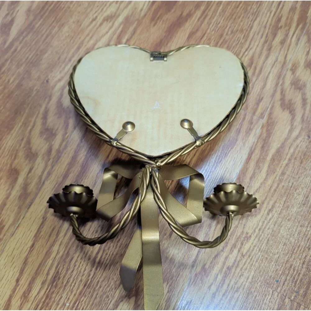 Vtg Braided Gold Metal Heart Shaped Mirror Double Candle